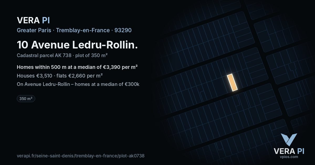 10 Avenue Ledru-Rollin, Tremblay-en-France at night – the plot lit, the parcels around coloured by the prices near them
