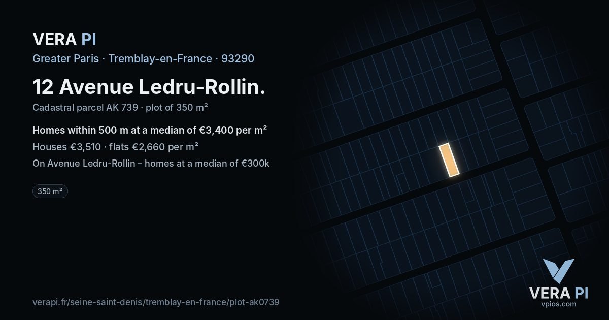 12 Avenue Ledru-Rollin, Tremblay-en-France at night – the plot lit, the parcels around coloured by the prices near them