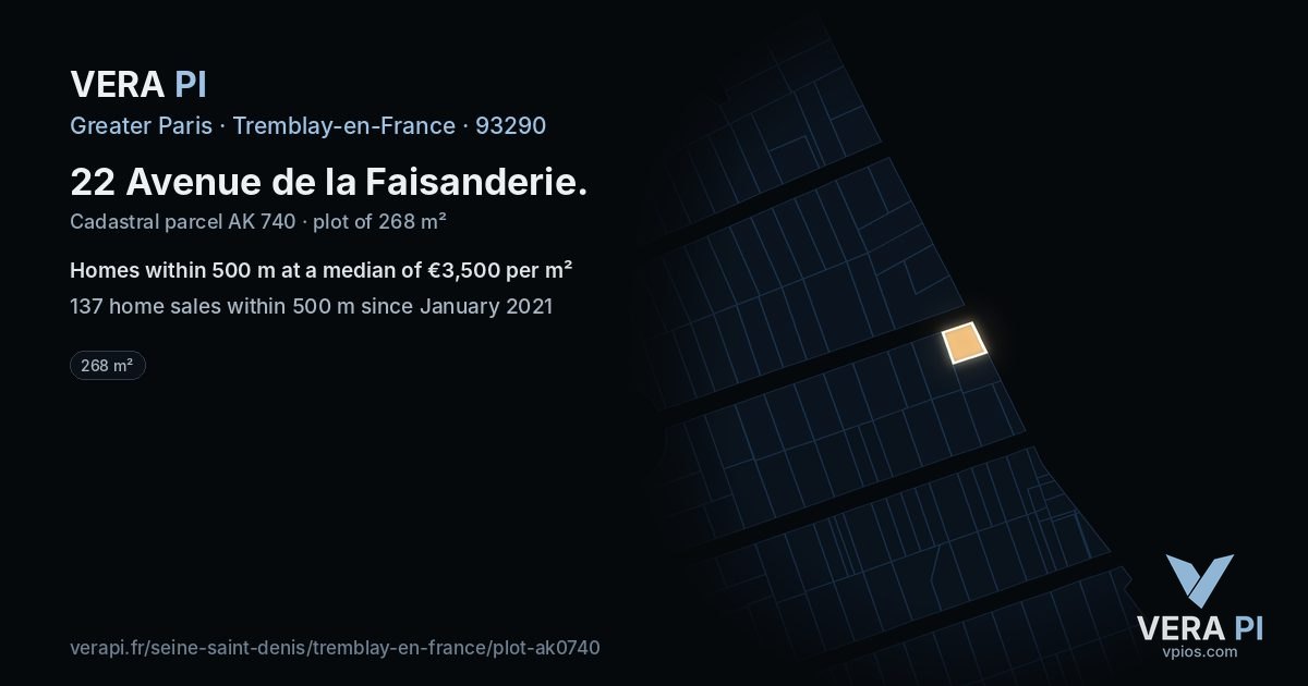 22 Avenue de la Faisanderie, Tremblay-en-France at night – the plot lit, the parcels around coloured by the prices near them