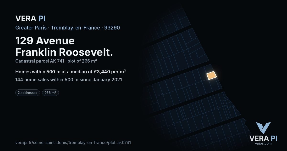 129 Avenue Franklin Roosevelt, Tremblay-en-France at night – the plot lit, the parcels around coloured by the prices near them