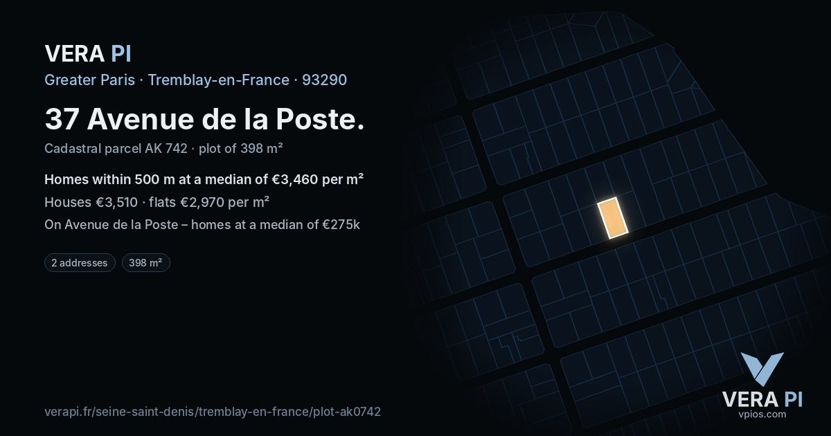 37 Avenue de la Poste, Tremblay-en-France at night – the plot lit, the parcels around coloured by the prices near them