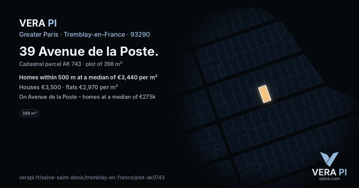 39 Avenue de la Poste, Tremblay-en-France at night – the plot lit, the parcels around coloured by the prices near them