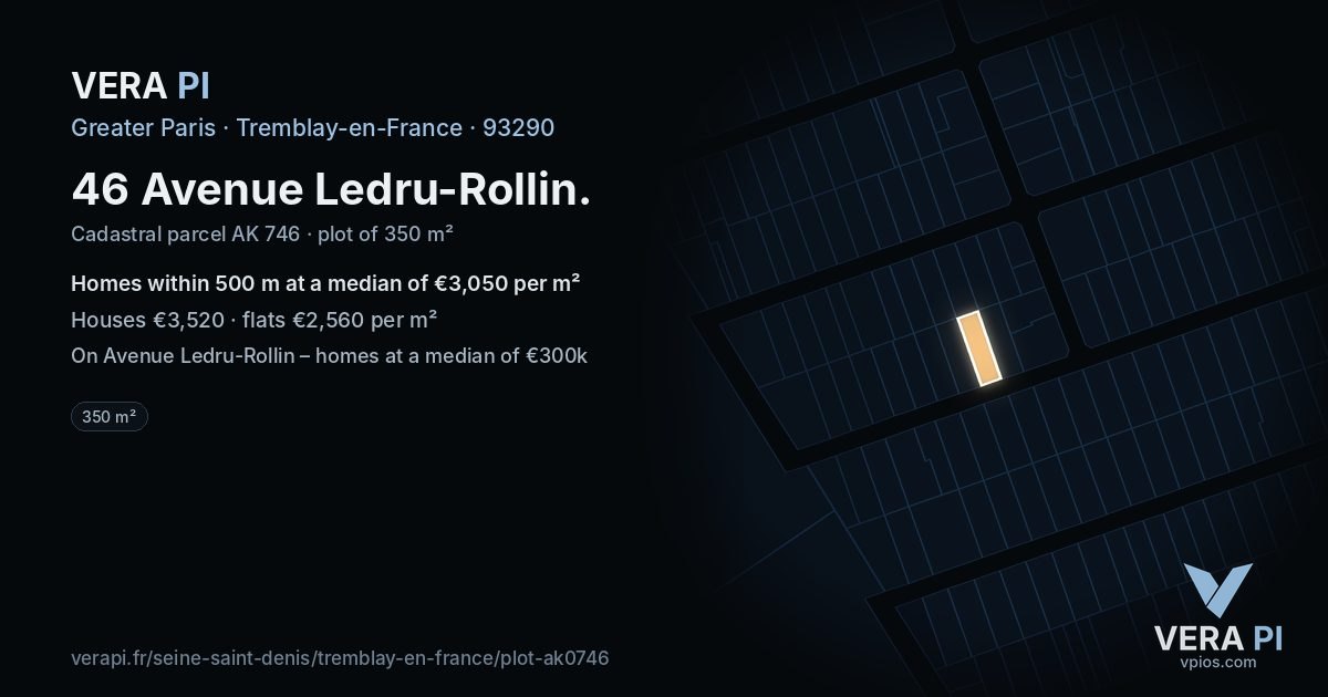 46 Avenue Ledru-Rollin, Tremblay-en-France at night – the plot lit, the parcels around coloured by the prices near them