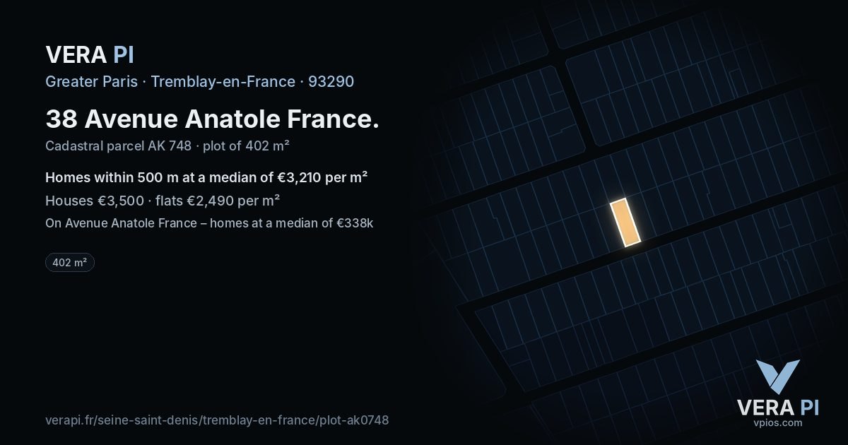38 Avenue Anatole France, Tremblay-en-France at night – the plot lit, the parcels around coloured by the prices near them
