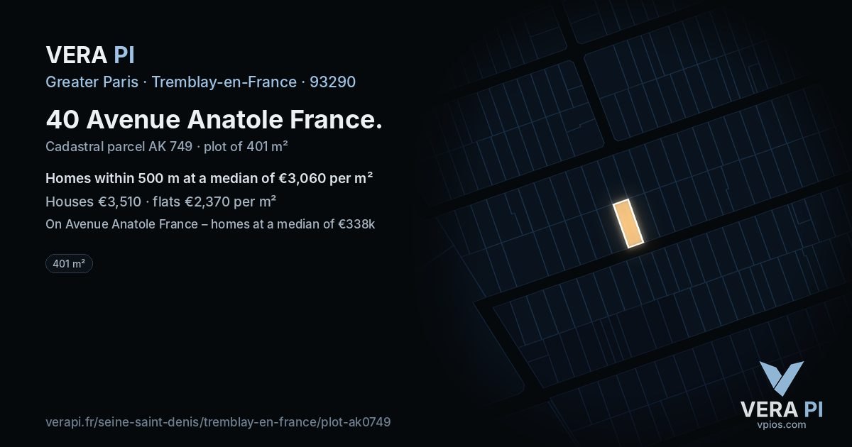 40 Avenue Anatole France, Tremblay-en-France at night – the plot lit, the parcels around coloured by the prices near them