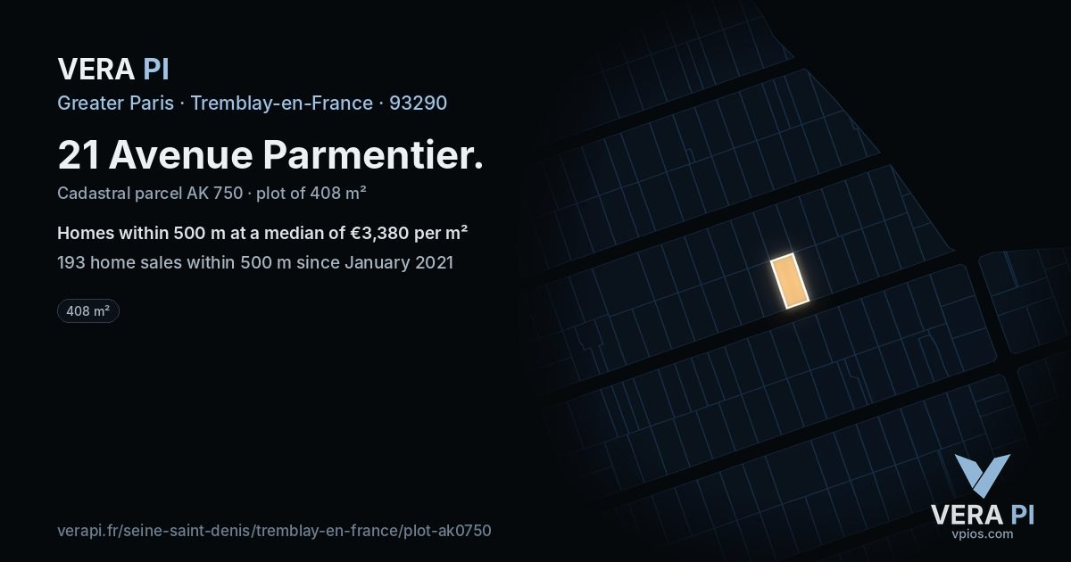 21 Avenue Parmentier, Tremblay-en-France at night – the plot lit, the parcels around coloured by the prices near them