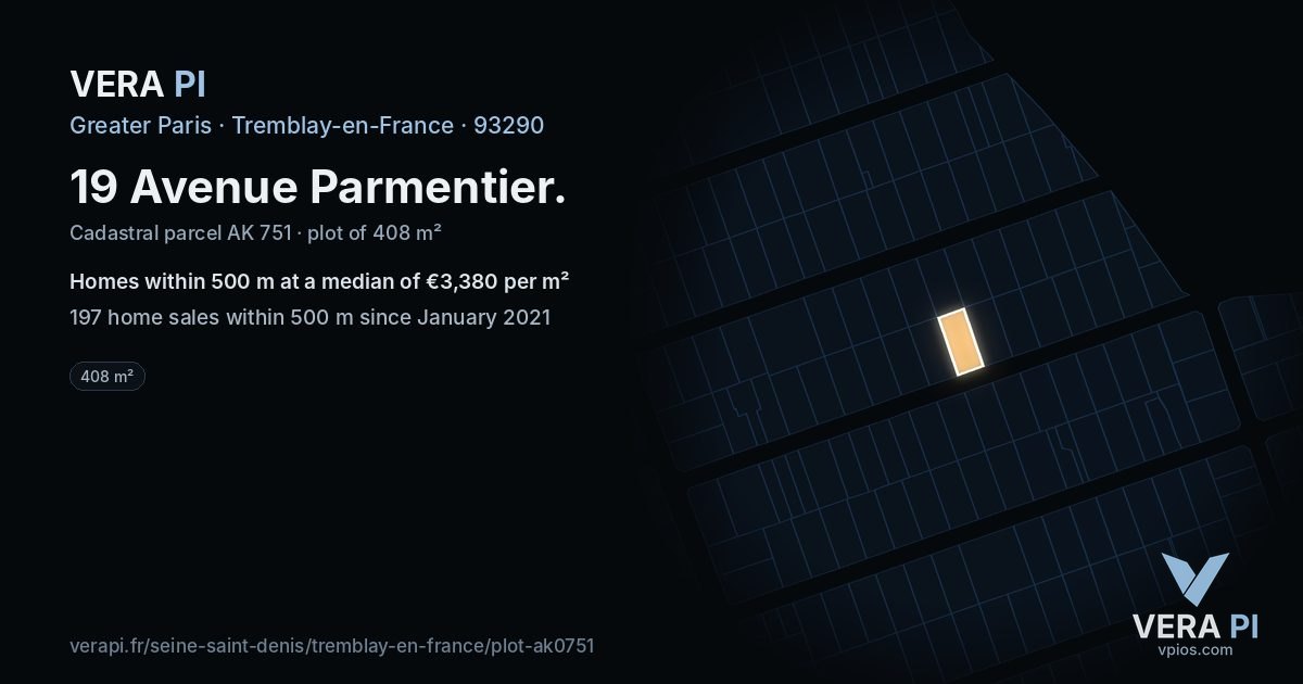 19 Avenue Parmentier, Tremblay-en-France at night – the plot lit, the parcels around coloured by the prices near them