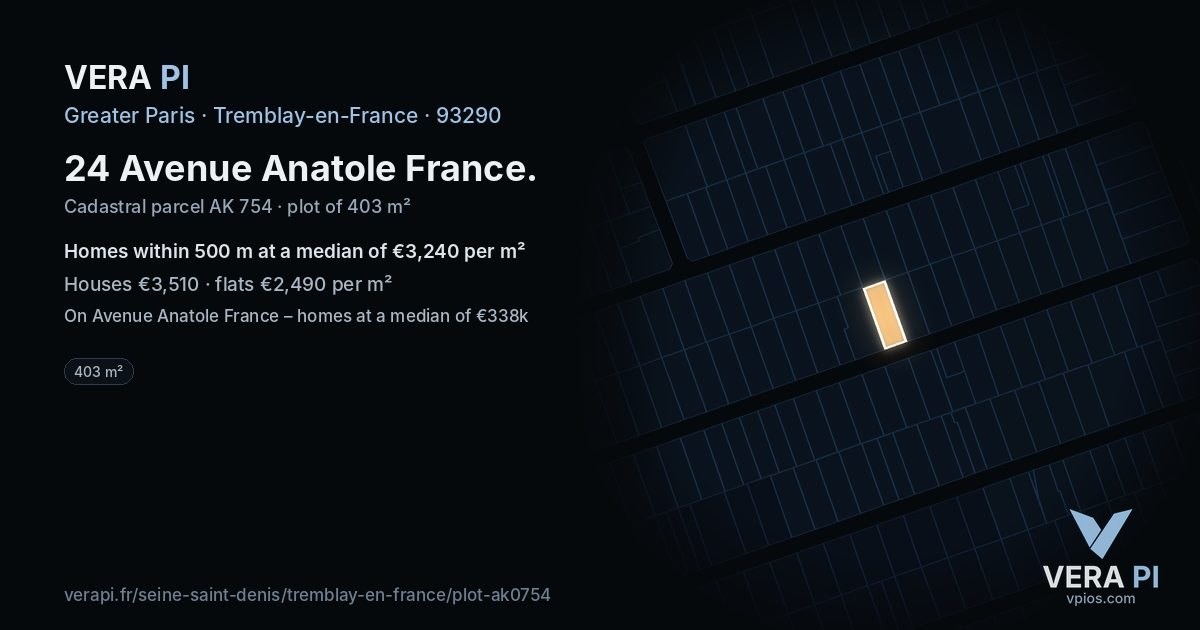 24 Avenue Anatole France, Tremblay-en-France at night – the plot lit, the parcels around coloured by the prices near them