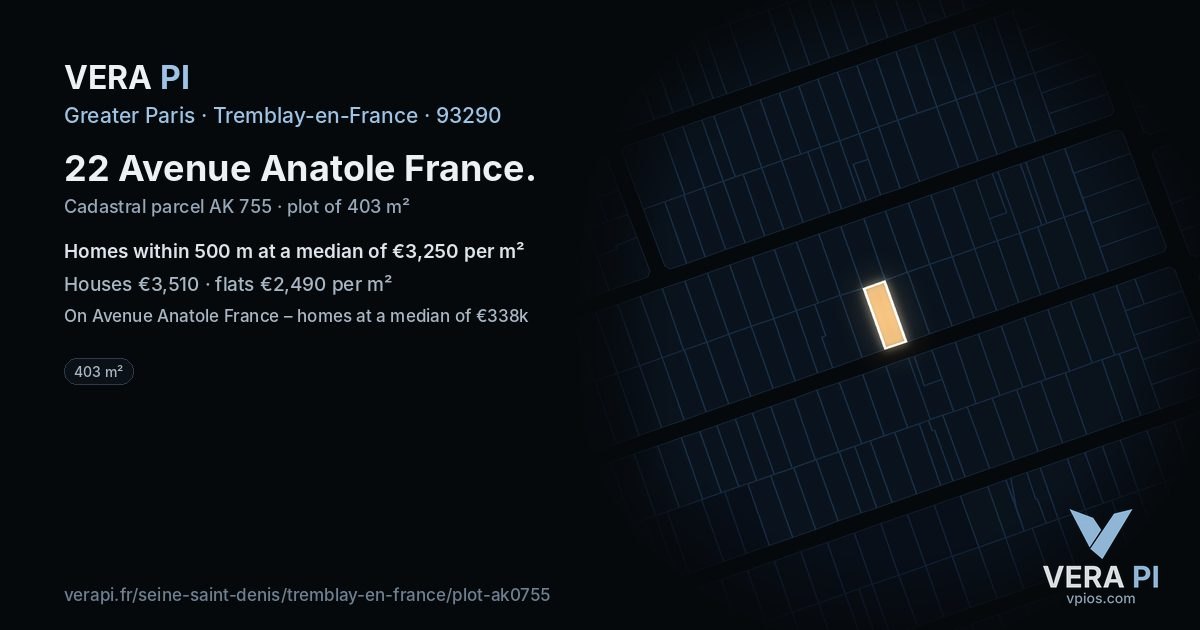 22 Avenue Anatole France, Tremblay-en-France at night – the plot lit, the parcels around coloured by the prices near them