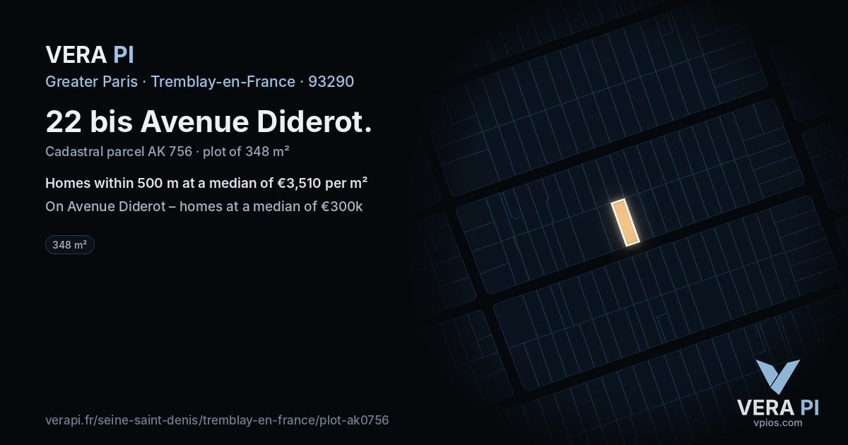 22 bis Avenue Diderot, Tremblay-en-France at night – the plot lit, the parcels around coloured by the prices near them