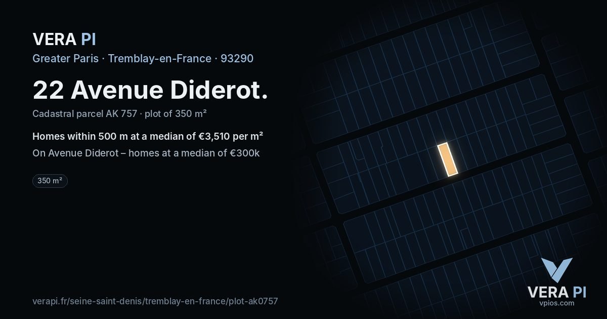 22 Avenue Diderot, Tremblay-en-France at night – the plot lit, the parcels around coloured by the prices near them