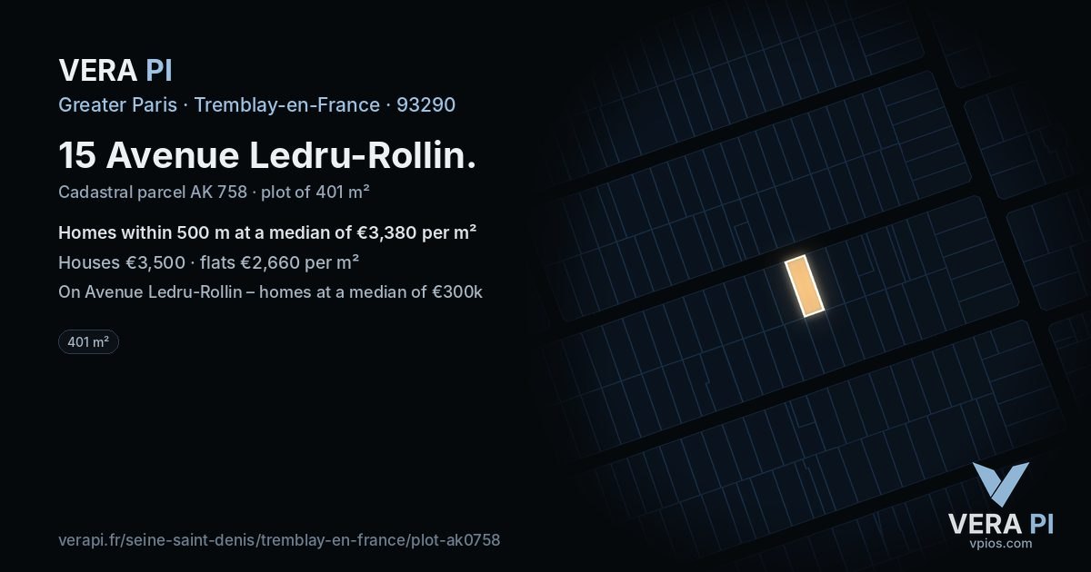 15 Avenue Ledru-Rollin, Tremblay-en-France at night – the plot lit, the parcels around coloured by the prices near them