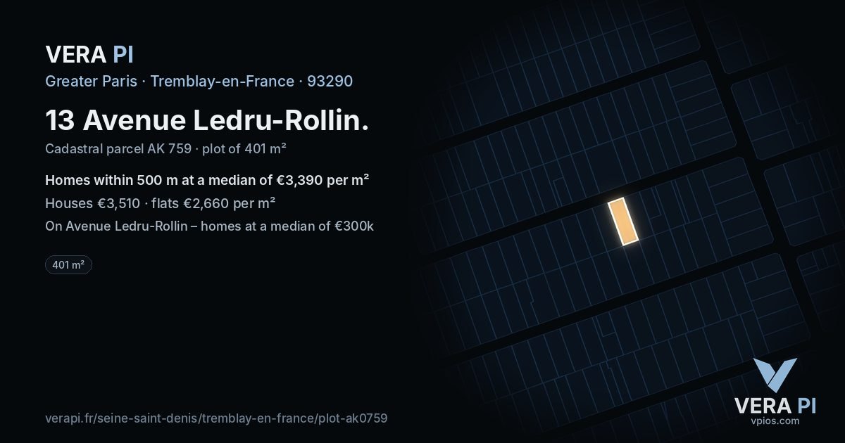 13 Avenue Ledru-Rollin, Tremblay-en-France at night – the plot lit, the parcels around coloured by the prices near them