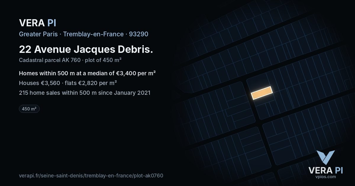 22 Avenue Jacques Debris, Tremblay-en-France at night – the plot lit, the parcels around coloured by the prices near them