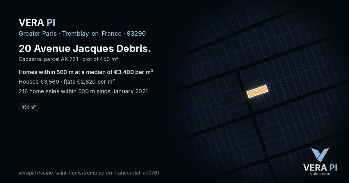 20 Avenue Jacques Debris, Tremblay-en-France at night – the plot lit, the parcels around coloured by the prices near them