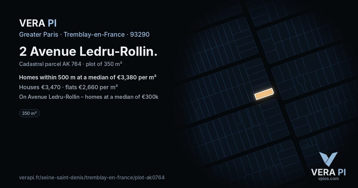 2 Avenue Ledru-Rollin, Tremblay-en-France at night – the plot lit, the parcels around coloured by the prices near them