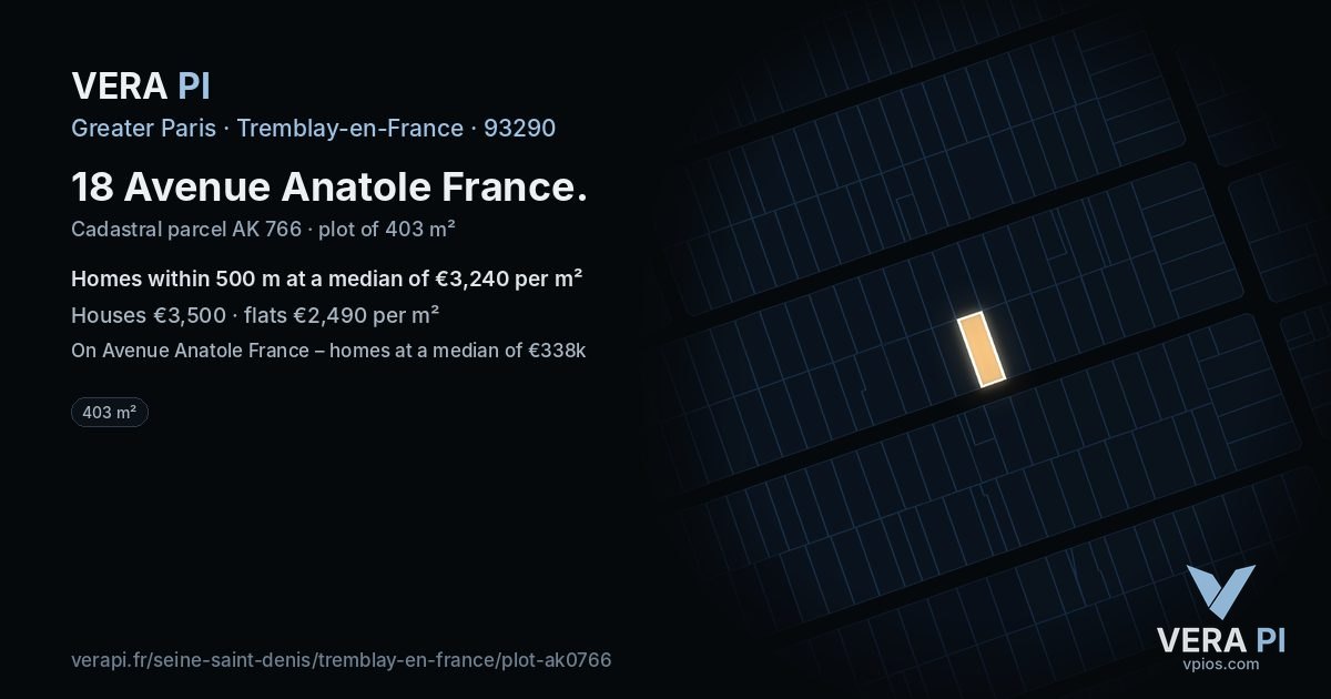 18 Avenue Anatole France, Tremblay-en-France at night – the plot lit, the parcels around coloured by the prices near them