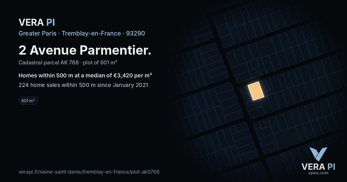 2 Avenue Parmentier, Tremblay-en-France at night – the plot lit, the parcels around coloured by the prices near them
