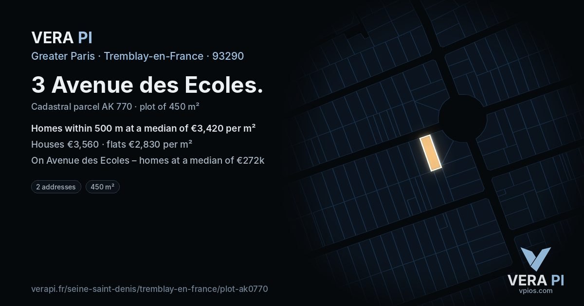 3 Avenue des Ecoles, Tremblay-en-France at night – the plot lit, the parcels around coloured by the prices near them