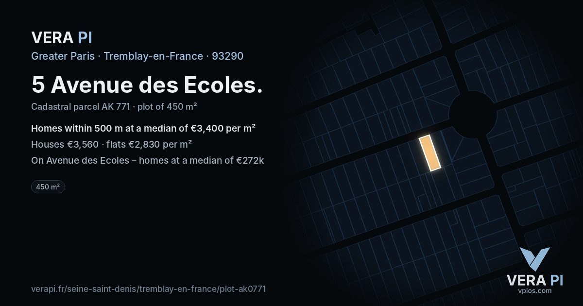 5 Avenue des Ecoles, Tremblay-en-France at night – the plot lit, the parcels around coloured by the prices near them