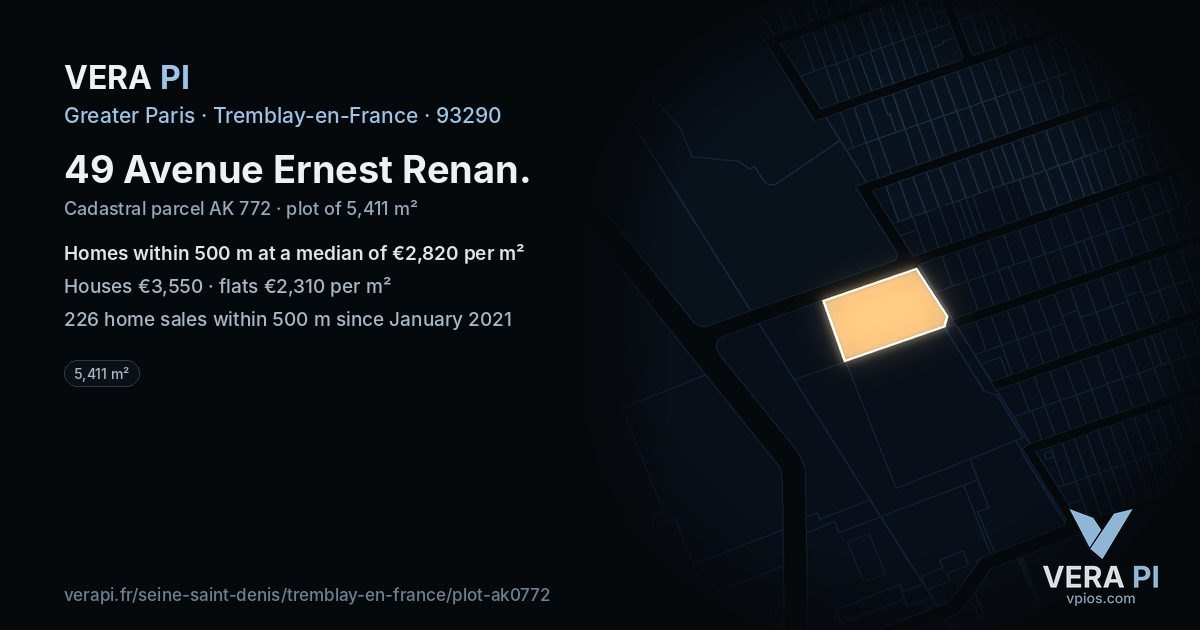 49 Avenue Ernest Renan, Tremblay-en-France at night – the plot lit, the parcels around coloured by the prices near them