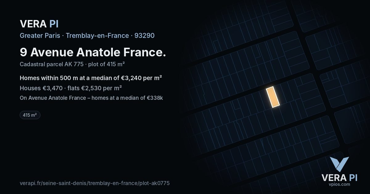 9 Avenue Anatole France, Tremblay-en-France at night – the plot lit, the parcels around coloured by the prices near them