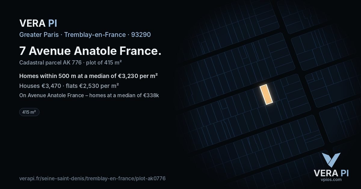 7 Avenue Anatole France, Tremblay-en-France at night – the plot lit, the parcels around coloured by the prices near them