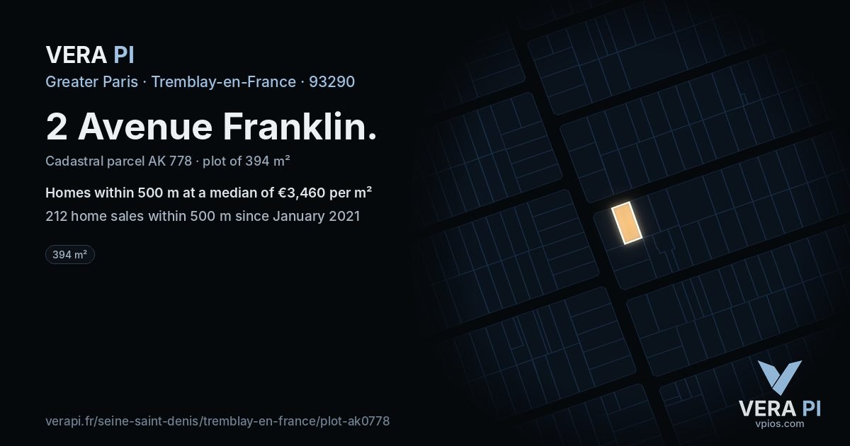 2 Avenue Franklin, Tremblay-en-France at night – the plot lit, the parcels around coloured by the prices near them