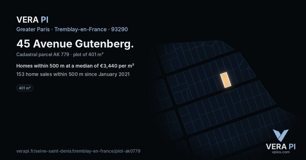45 Avenue Gutenberg, Tremblay-en-France at night – the plot lit, the parcels around coloured by the prices near them