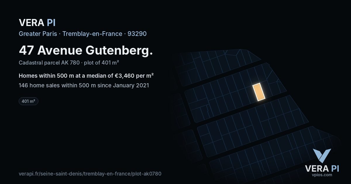 47 Avenue Gutenberg, Tremblay-en-France at night – the plot lit, the parcels around coloured by the prices near them