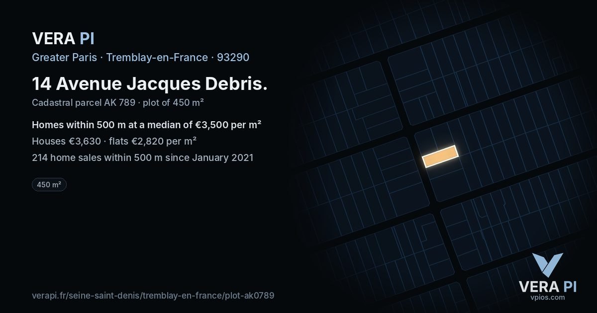 14 Avenue Jacques Debris, Tremblay-en-France at night – the plot lit, the parcels around coloured by the prices near them