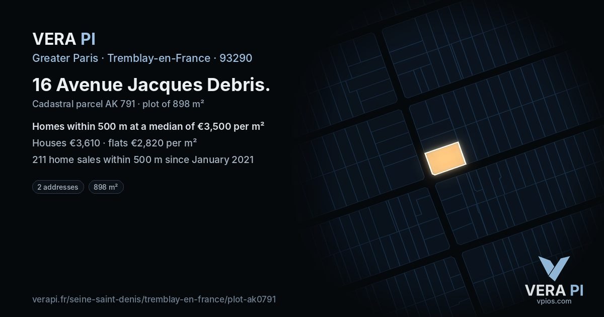 16 Avenue Jacques Debris, Tremblay-en-France at night – the plot lit, the parcels around coloured by the prices near them