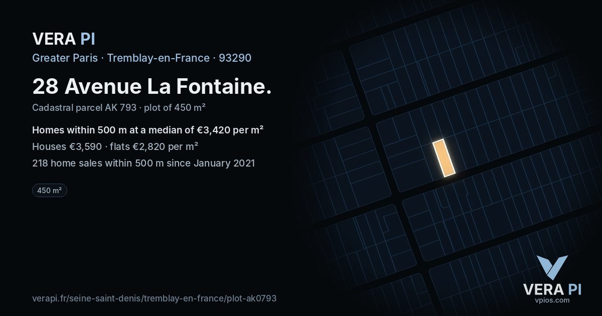 28 Avenue La Fontaine, Tremblay-en-France at night – the plot lit, the parcels around coloured by the prices near them