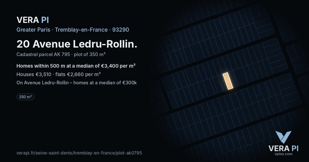 20 Avenue Ledru-Rollin, Tremblay-en-France at night – the plot lit, the parcels around coloured by the prices near them
