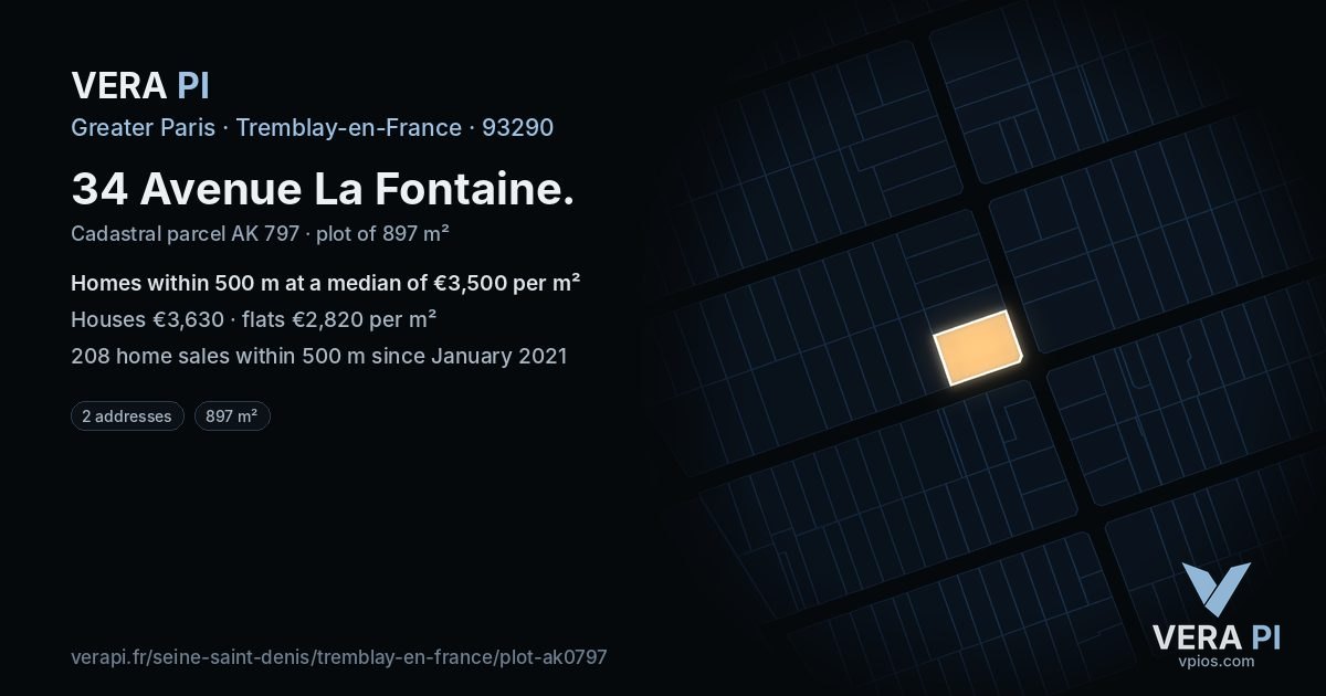 34 Avenue La Fontaine, Tremblay-en-France at night – the plot lit, the parcels around coloured by the prices near them