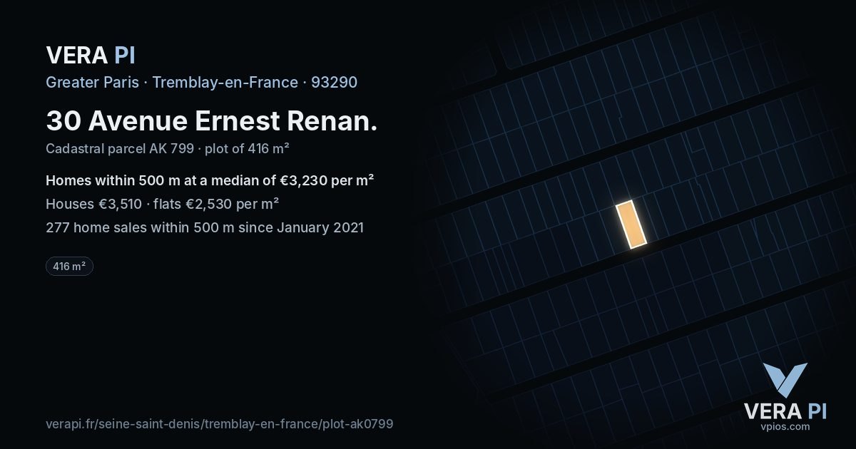 30 Avenue Ernest Renan, Tremblay-en-France at night – the plot lit, the parcels around coloured by the prices near them