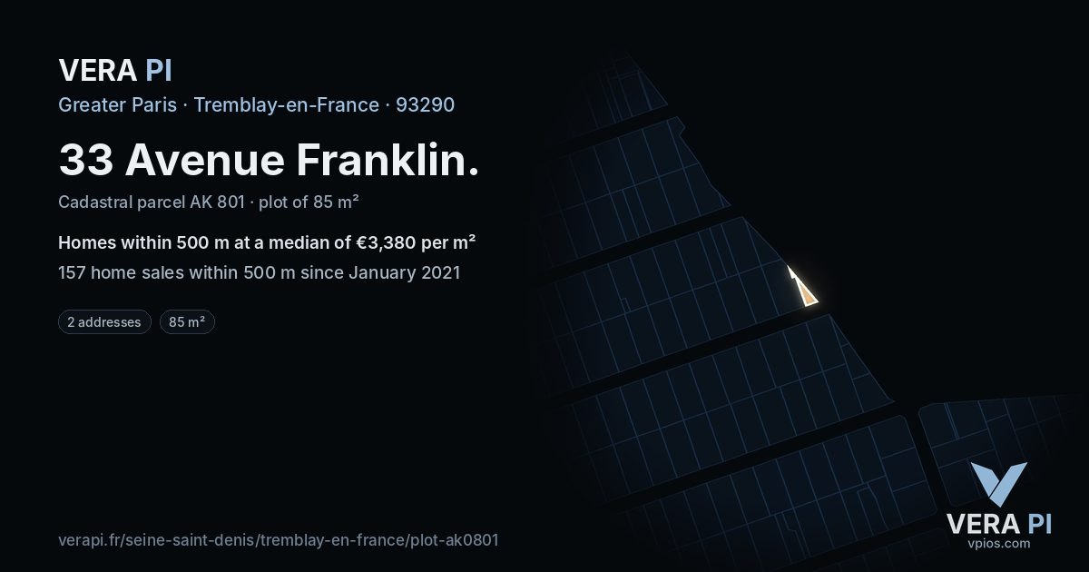 33 Avenue Franklin, Tremblay-en-France at night – the plot lit, the parcels around coloured by the prices near them