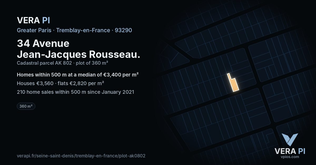 34 Avenue Jean-Jacques Rousseau, Tremblay-en-France at night – the plot lit, the parcels around coloured by the prices near them