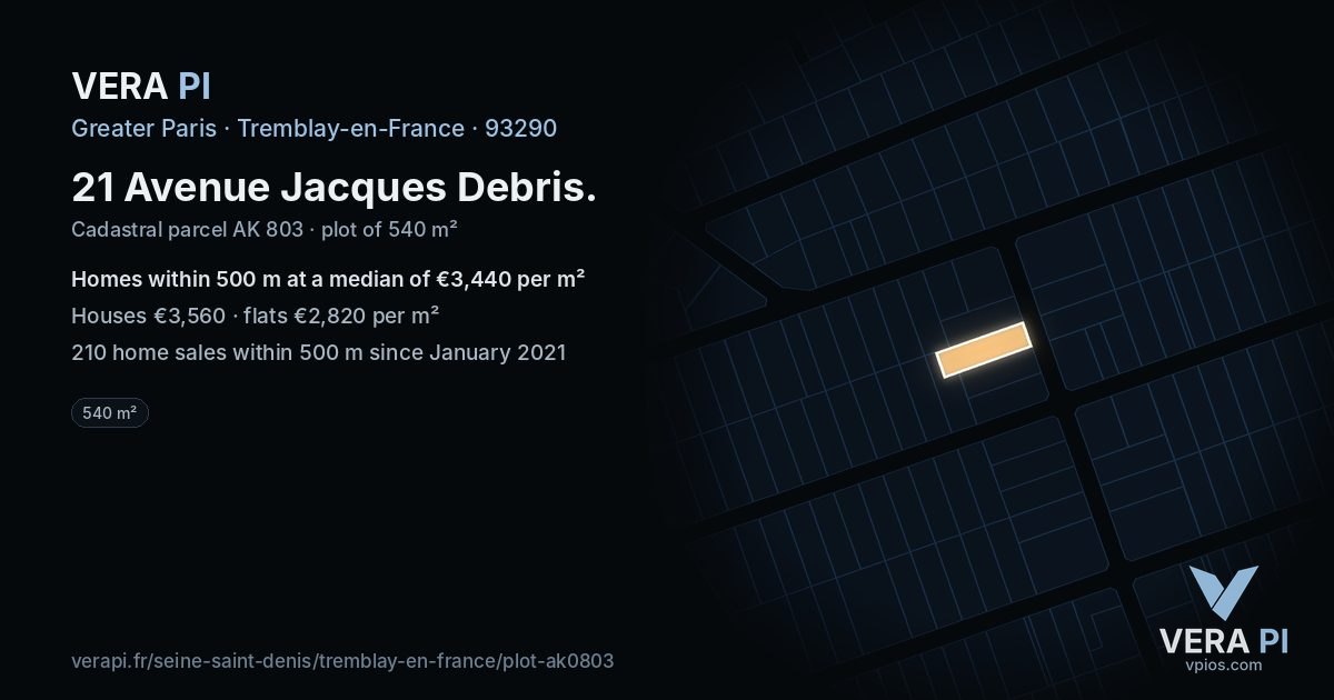 21 Avenue Jacques Debris, Tremblay-en-France at night – the plot lit, the parcels around coloured by the prices near them