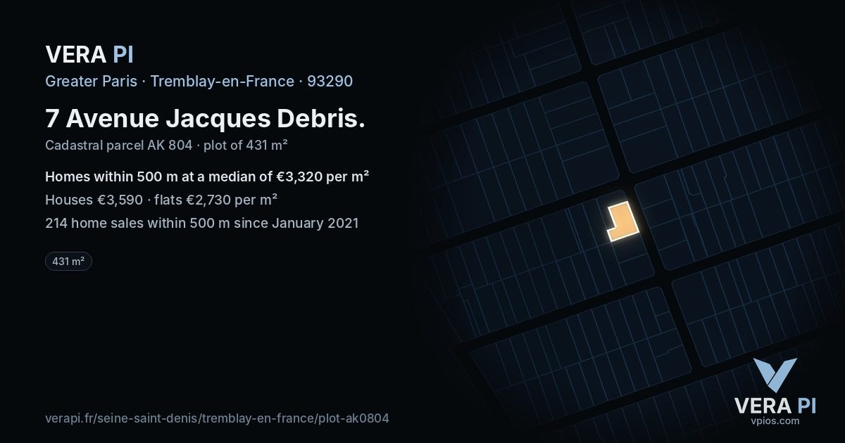 7 Avenue Jacques Debris, Tremblay-en-France at night – the plot lit, the parcels around coloured by the prices near them