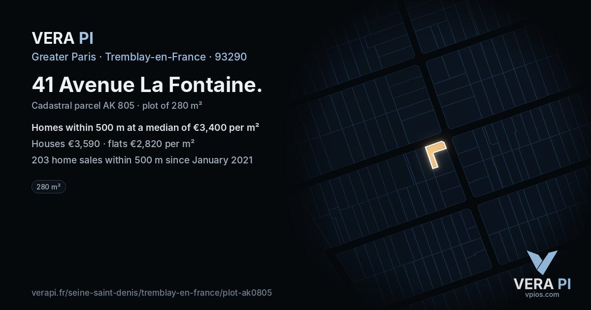 41 Avenue La Fontaine, Tremblay-en-France at night – the plot lit, the parcels around coloured by the prices near them