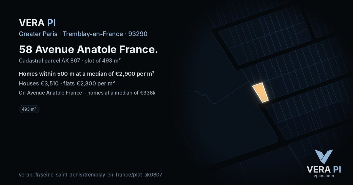 58 Avenue Anatole France, Tremblay-en-France at night – the plot lit, the parcels around coloured by the prices near them