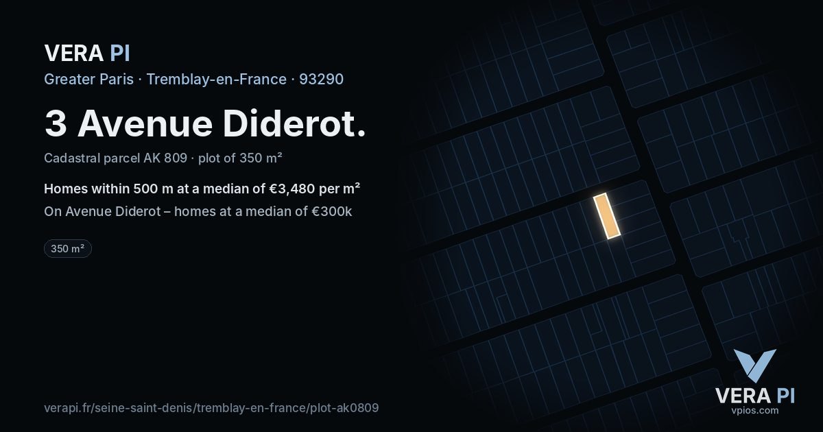 3 Avenue Diderot, Tremblay-en-France at night – the plot lit, the parcels around coloured by the prices near them