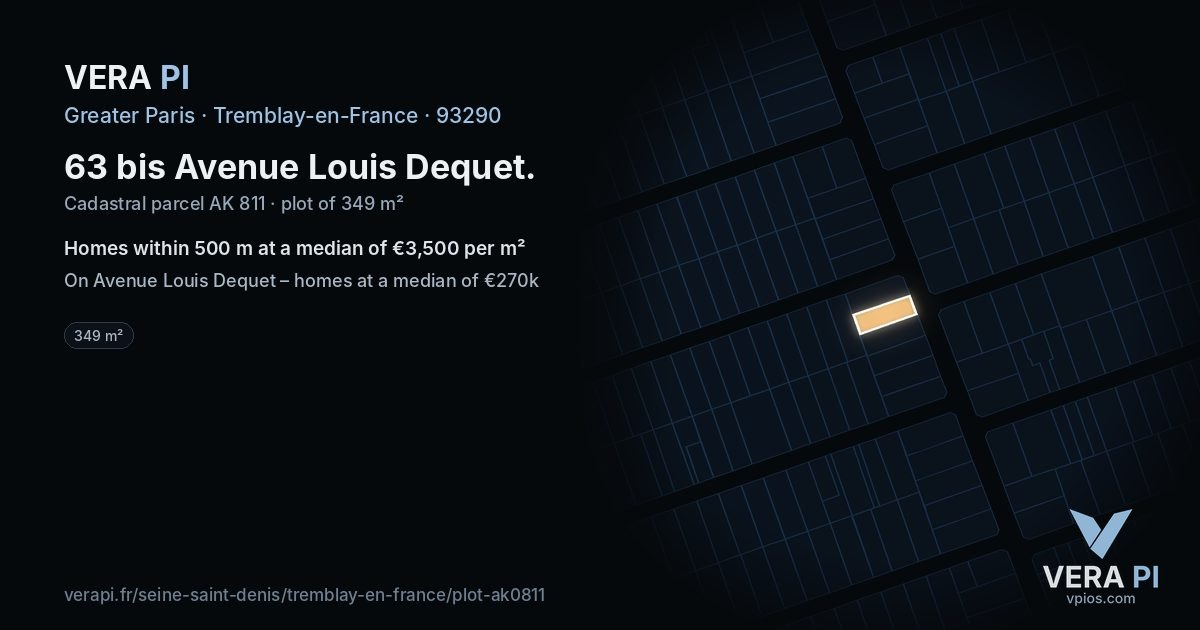63 bis Avenue Louis Dequet, Tremblay-en-France at night – the plot lit, the parcels around coloured by the prices near them