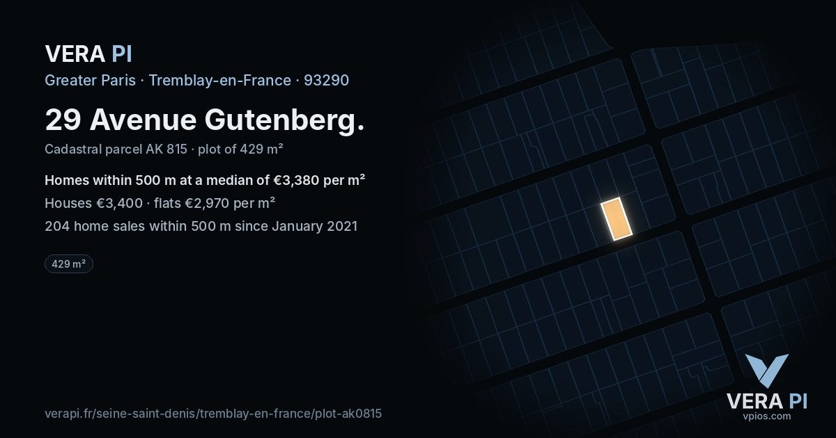 29 Avenue Gutenberg, Tremblay-en-France at night – the plot lit, the parcels around coloured by the prices near them