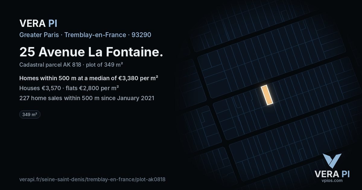 25 Avenue La Fontaine, Tremblay-en-France at night – the plot lit, the parcels around coloured by the prices near them