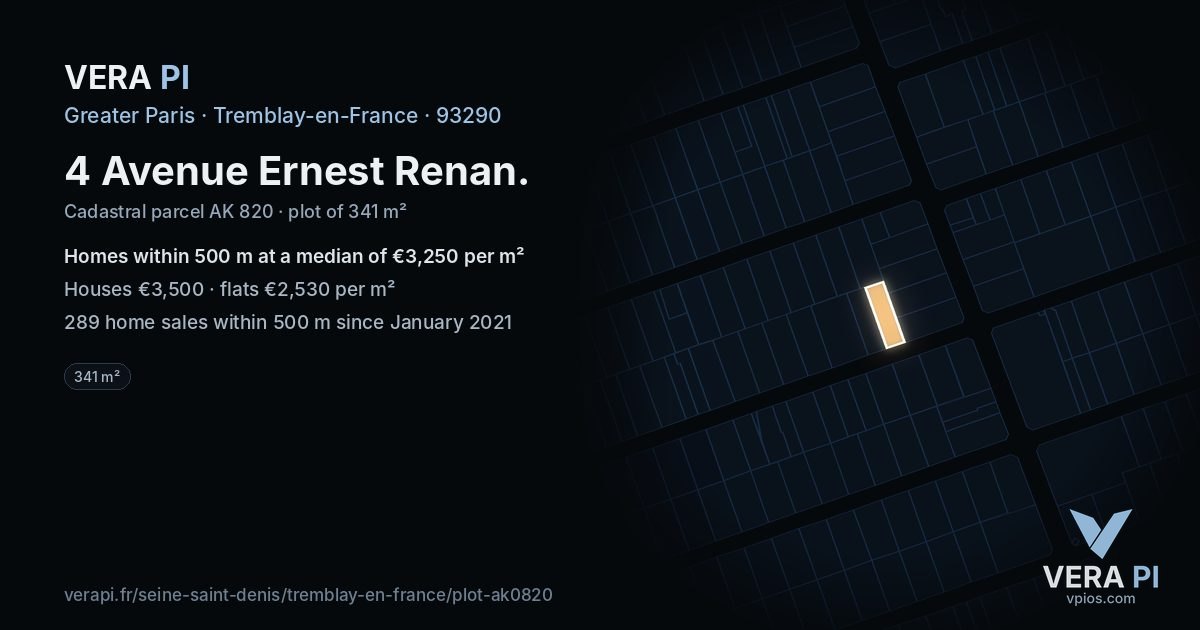 4 Avenue Ernest Renan, Tremblay-en-France at night – the plot lit, the parcels around coloured by the prices near them