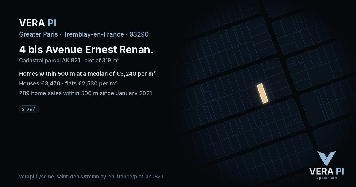 4 bis Avenue Ernest Renan, Tremblay-en-France at night – the plot lit, the parcels around coloured by the prices near them