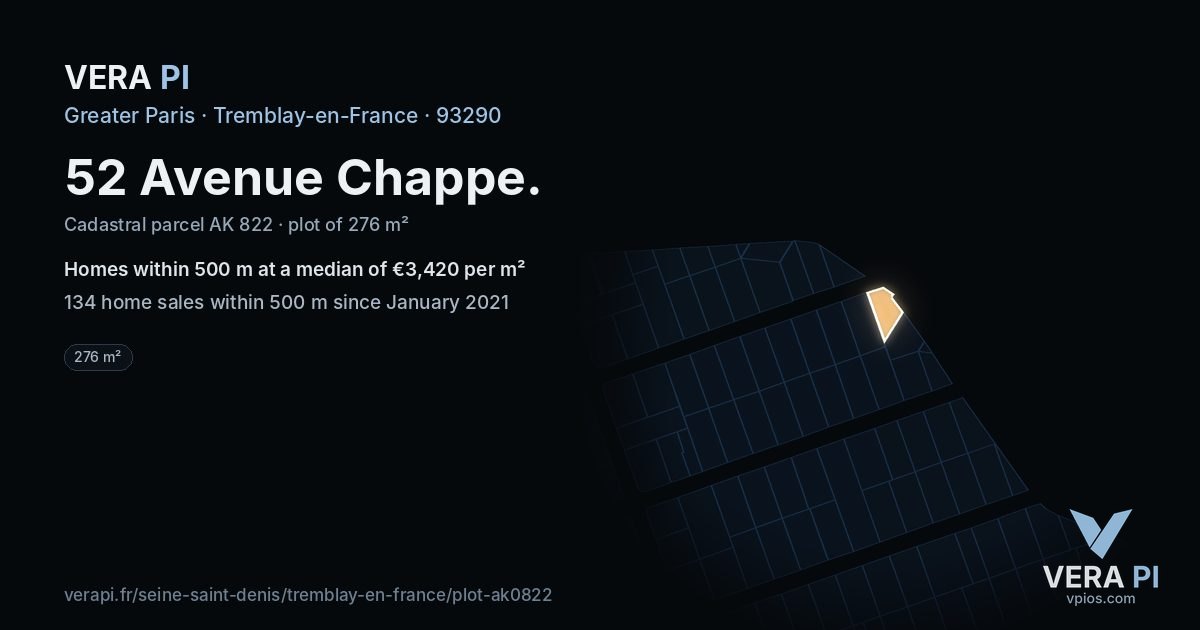 52 Avenue Chappe, Tremblay-en-France at night – the plot lit, the parcels around coloured by the prices near them