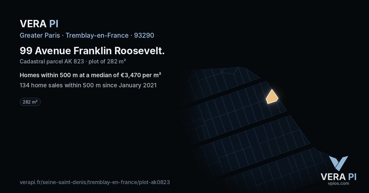 99 Avenue Franklin Roosevelt, Tremblay-en-France at night – the plot lit, the parcels around coloured by the prices near them